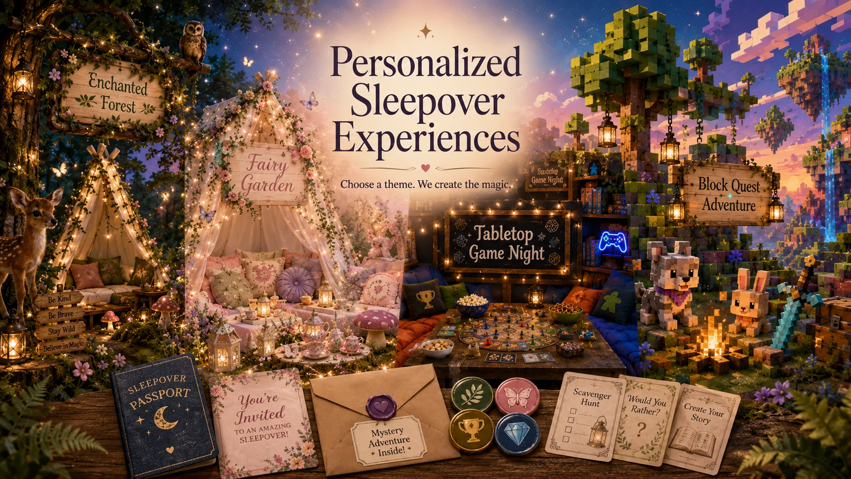 Personalized sleepover experiences from Party & Pillow — Enchanted Forest, Fairy Garden, Tabletop Game Night and Block Quest Adventure themed sleepover scenes, with a sleepover passport, invitation and wax-sealed mystery envelope. Choose a theme, we create the magic.