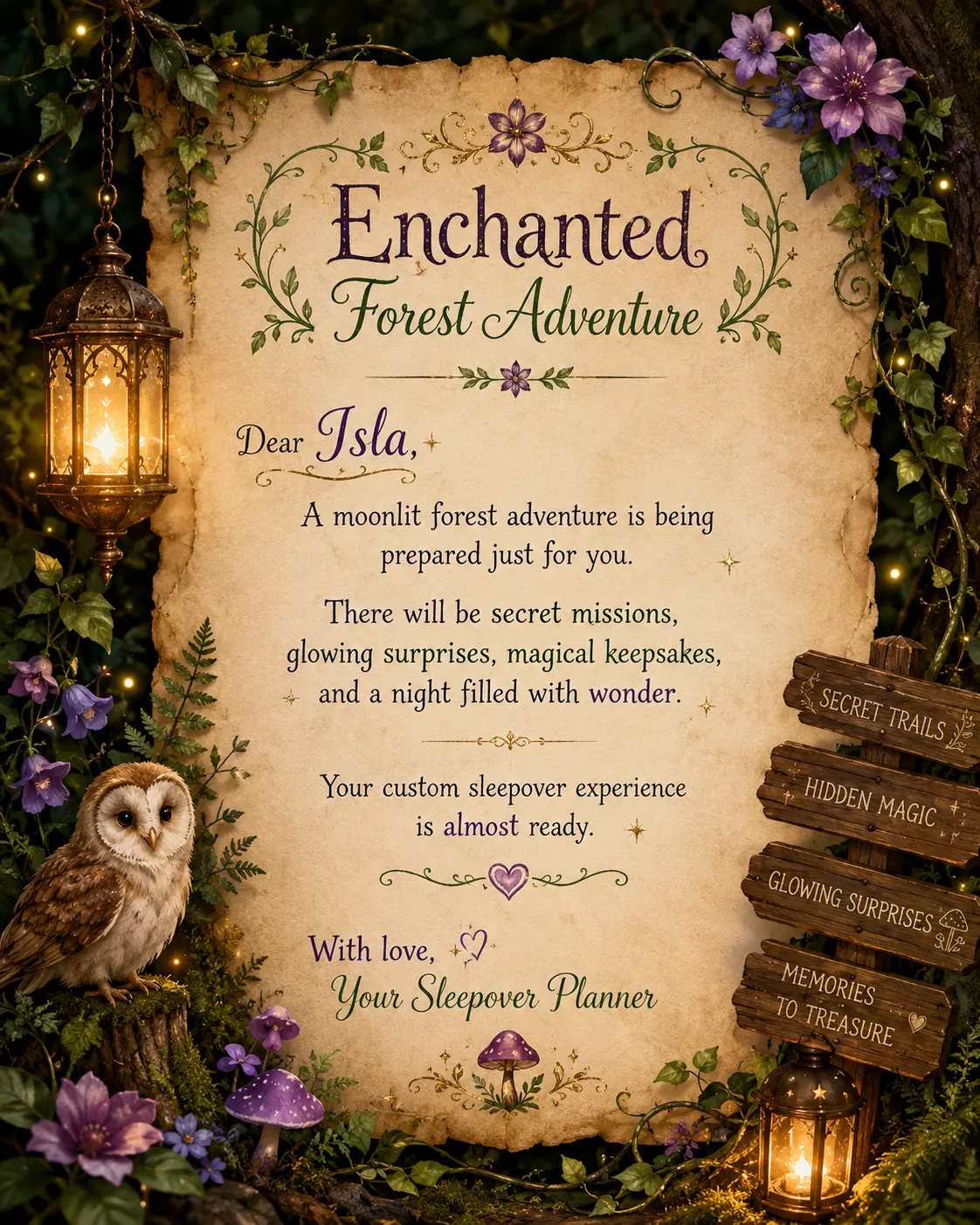 A personalized Enchanted Forest Adventure letter addressed to a child by name, telling her a moonlit forest sleepover is being prepared just for her, with secret missions, glowing surprises and magical keepsakes.