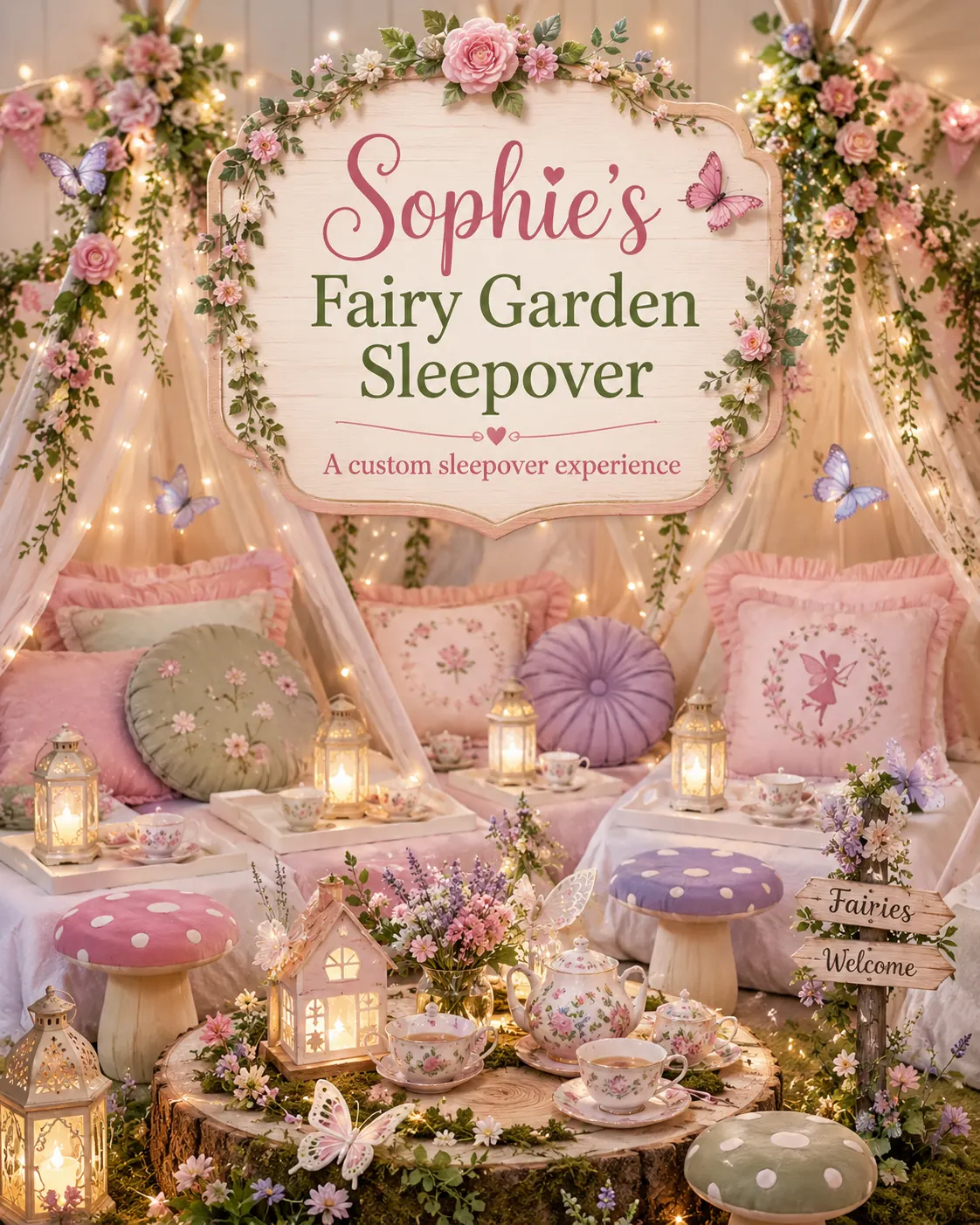 Fairy Garden Sleepover party setup — a personalized welcome sign, canopy tents with fairy lights, toadstool seats and a floral tea table set for a children's sleepover.